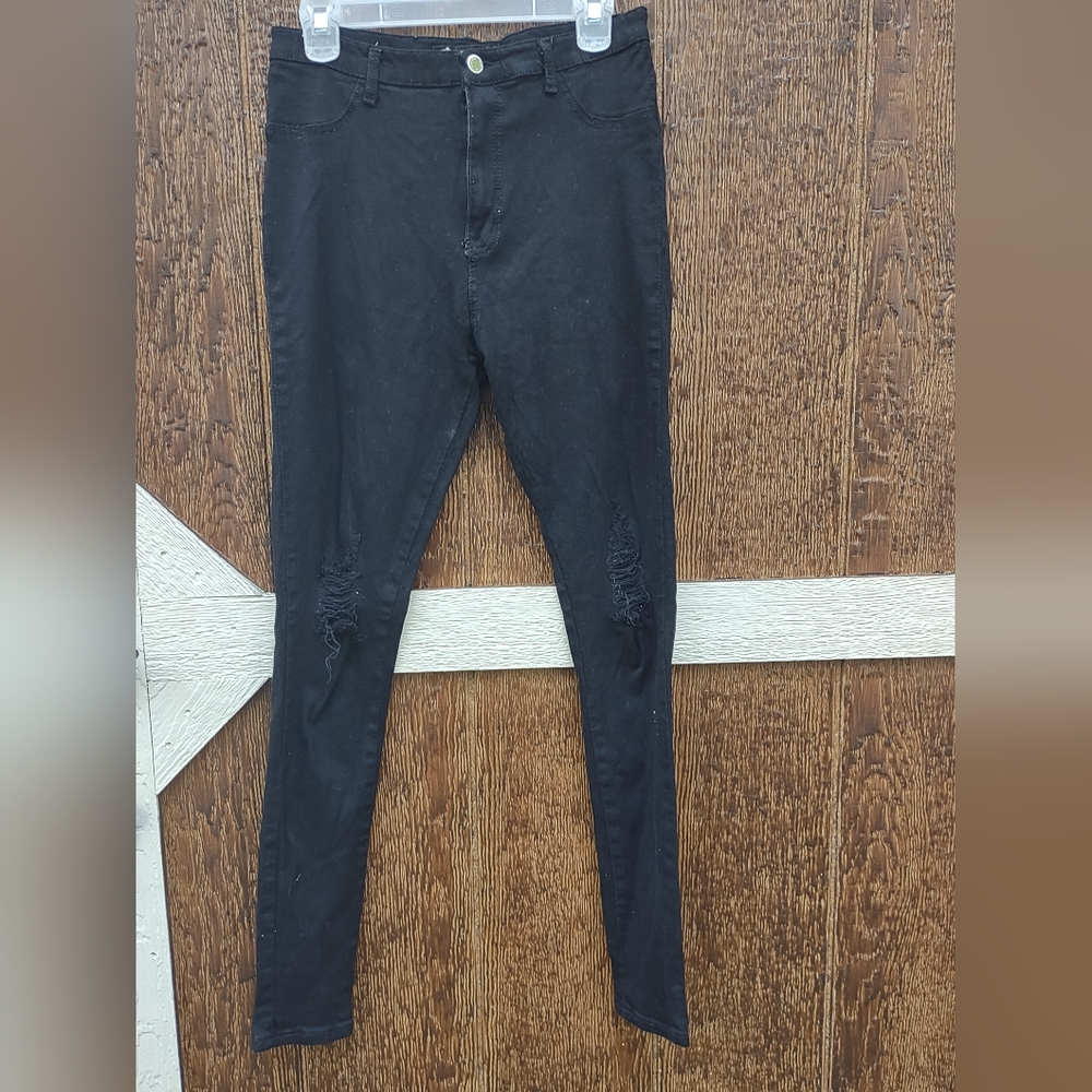 Vegas Black Distress Knee Stretchy Pants Straight Leg Women's 32 Waist (14)